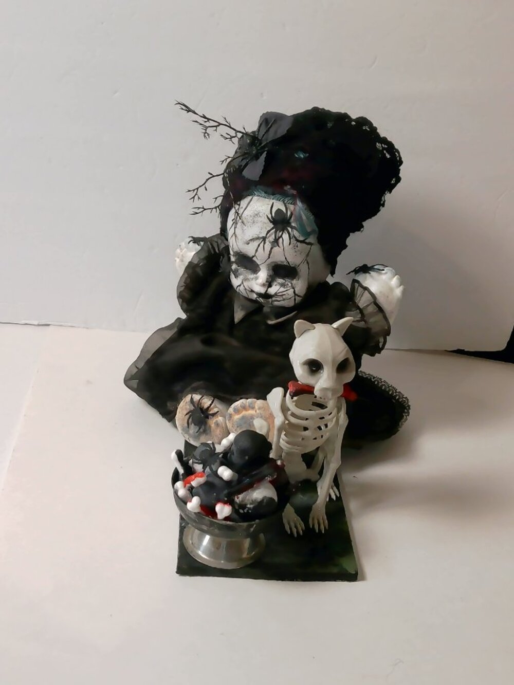 Handmade OOAK Creepy Doll "Ella" with Skeleton Pet Cat – Dark Gothic Horror Art